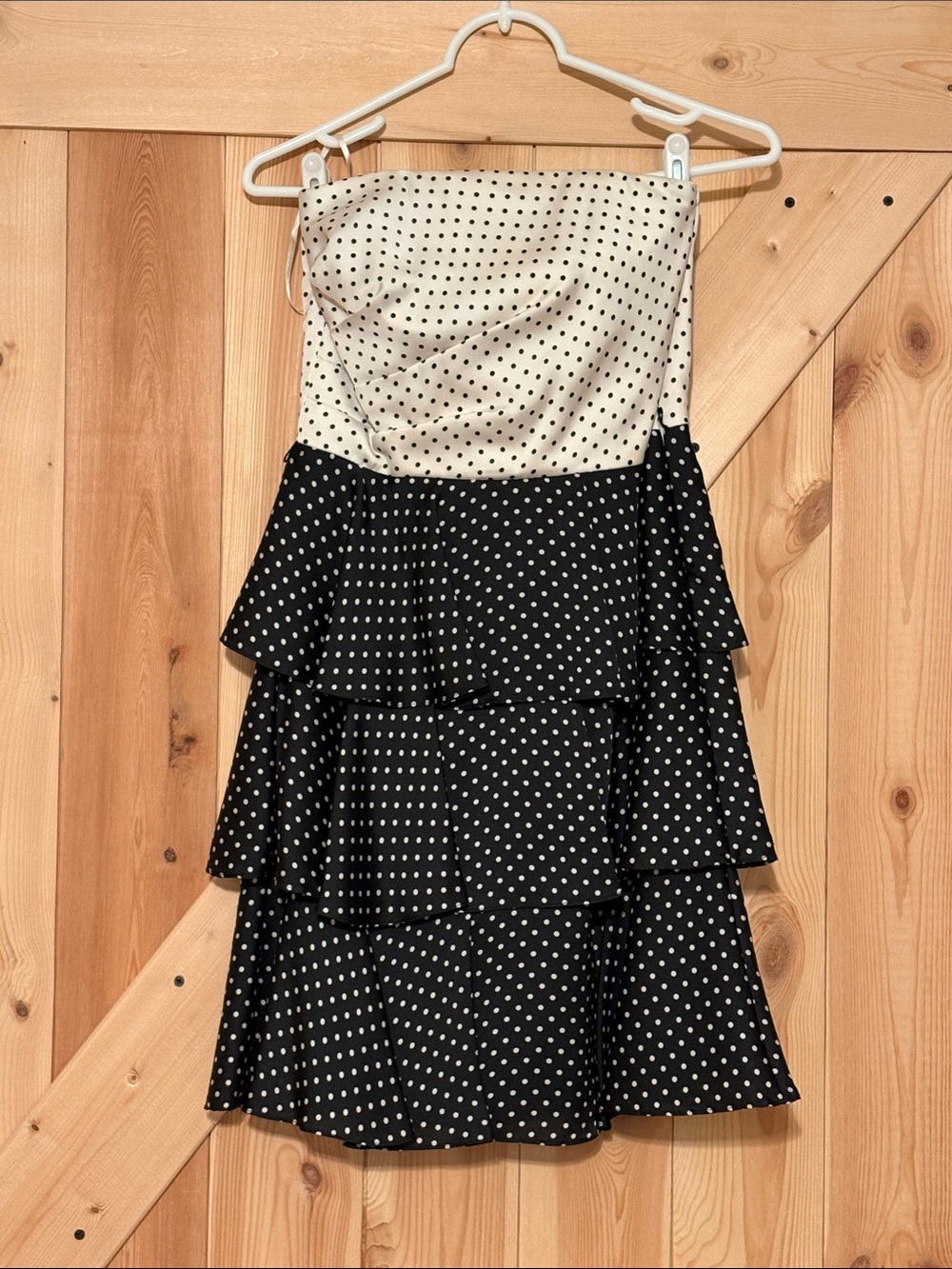 White House Black Market Strapless Black and White Polka Dot Tiered Dress